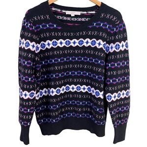 Loft Fair Isle Winter Black Pink Blue Geometric Sweater Puff Sleeve Extra Large